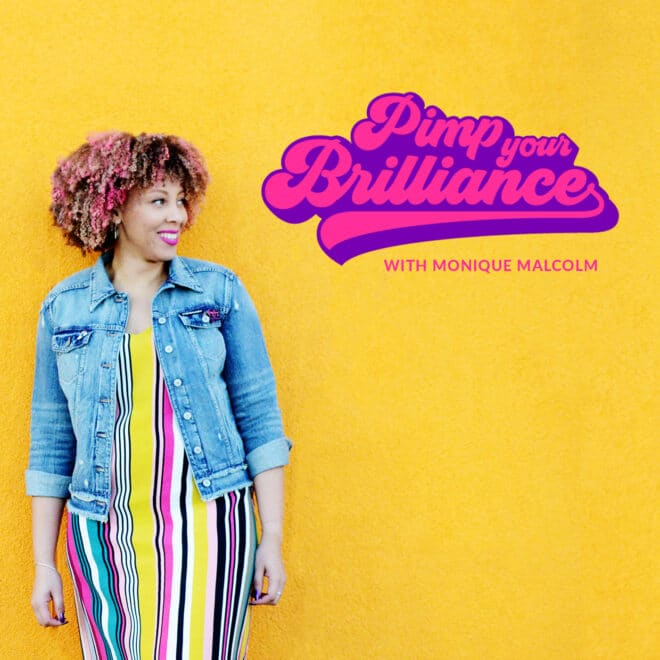 smiling woman stands against yellow background with the word pimp your brilliance written in pink and purple